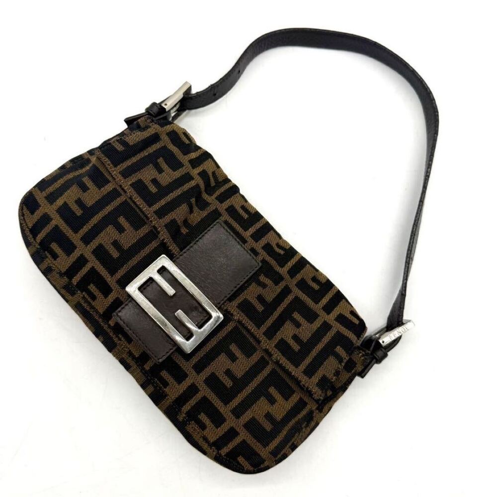 FENDI Mamma Bucket Shoulder Bag Accessory Clutch Zucca Khaki Green Silver Plate